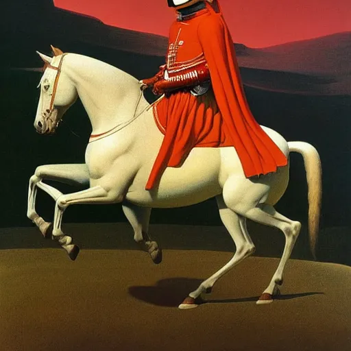 Prompt: Napoleon riding a horse wearing his general dress and wearing an astronaut helmet, Edward Hopper and James Gilleard, Zdzislaw Beksinski, Mark Ryden, Wolfgang Lettl highly detailed, hints of Yayoi Kasuma