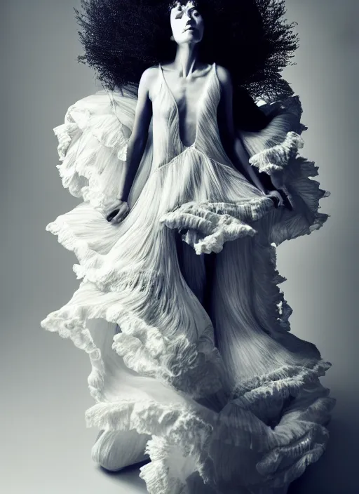 Image similar to a full body portrait of a woman by justin ridler wearing an intricate billowing dress, face in the style of irakli nadar