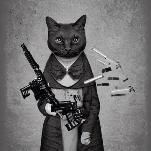 Image similar to photograph of a realistic anthropomorphic cat with lots of guns