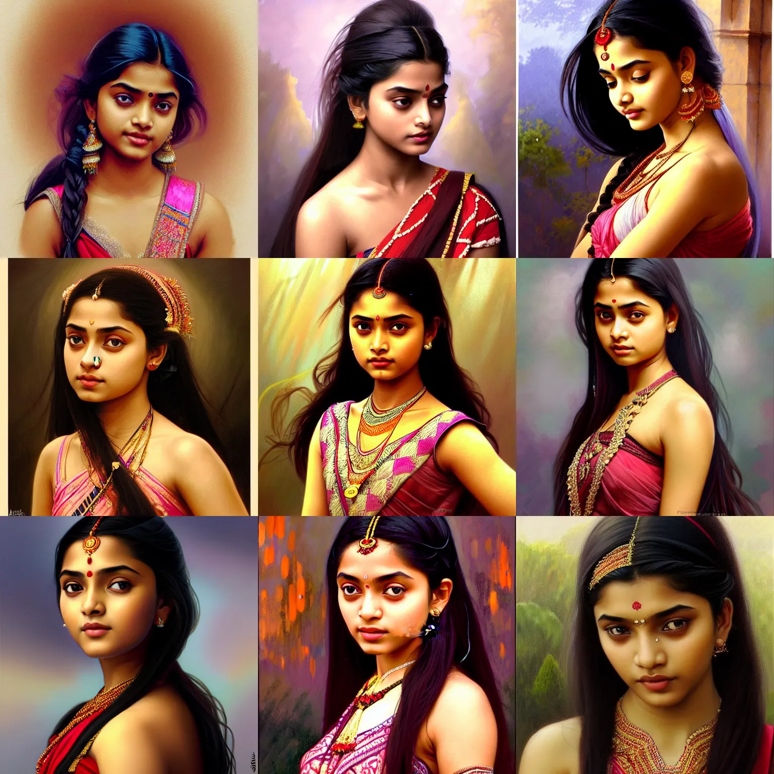 Prompt: Portrait of beautiful cute young Assamese teen girl wearing sleeveless mekhela, resembling aishwarya raii, D&D, face, beauty expressive pose, bare shoulders, fantasy, intricate, elegant, highly detailed, digital painting, artstation, concept art, smooth, sharp focus, illustration, art by artgerm and greg rutkowski and alphonse mucha