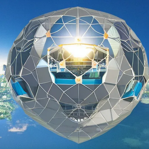 Image similar to an hd photo of the exterior of a floating bedroom being lifted by geodesic spheres tied to it, while floating over a city in the style of syd mead