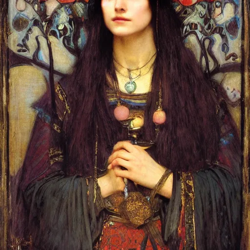 Prompt: orientalist portrait of a tired!! witch in formal wear holding an iridescent oak magic wand intricate portrait by john william waterhouse and Edwin Longsden Long and Theodore Ralli and Henryk Siemiradzki, very coherent symmetrical artwork. Cinematic, hyper realism, high detail 8k