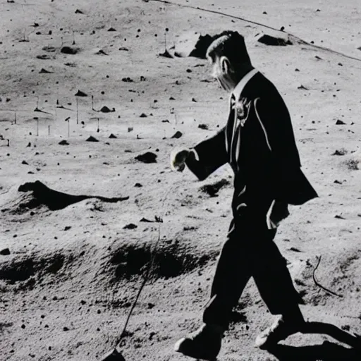 Image similar to a old vintagge man in a suit walking on moon