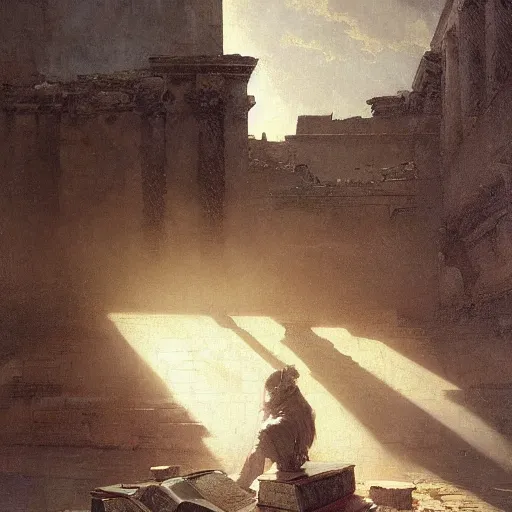 Prompt: half portait of assassini wearing a closed cowl and big old book! chained to the wrist, jeremy mann, jean - leon gerome, tiepolo, alphonse mucha, greg rutkowski, face in the shadows, ( ( ruins of ancient rome ) ), at dusk, mysterious atmosphere, sunrays, dof, high detailed, 8 k