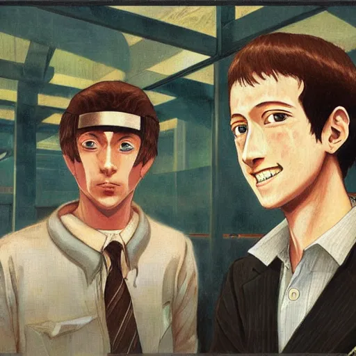 Prompt: anime joseph goebbels and mark zuckerberg by hasui kawase by richard schmid