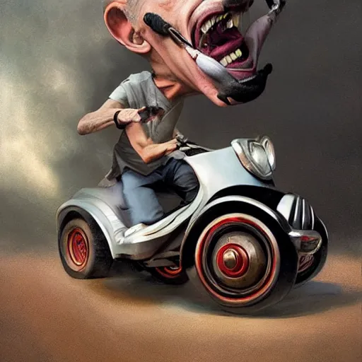 Image similar to hyper realistic absurd, silly, making insane faces, steve buscemi / john waters riding a tiny tricycle, painted by greg rutkowski, wlop, artgerm