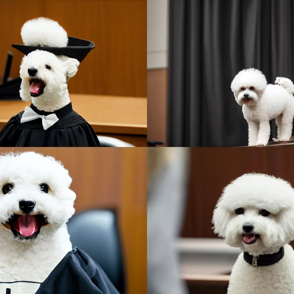 Image similar to a closeup photorealistic photograph of a cute smiling white bichon frise judge wearing a black gown and speaking to the courtroom. this 4 k hd image is trending on artstation, featured on behance, well - rendered, extra crisp, features intricate detail, epic composition and the style of unreal engine.