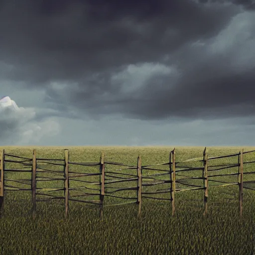 Prompt: an endless fence that is 1 0 0 0 feet tall, in a field with rolling hills, birds high in the sky, dystopian, rim, masterpiece digital painting, octane render, 4 k