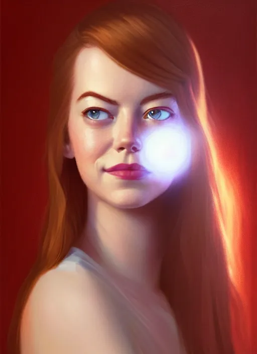 Image similar to portrait of teenage emma stone, long haircut, flowing ginger hair, white shirt, red tie, smiling kindly, 1 9 8 0 s, intricate, elegant, glowing lights, highly detailed, digital painting, artstation, concept art, smooth, sharp focus, illustration, art by wlop, mars ravelo and greg rutkowski