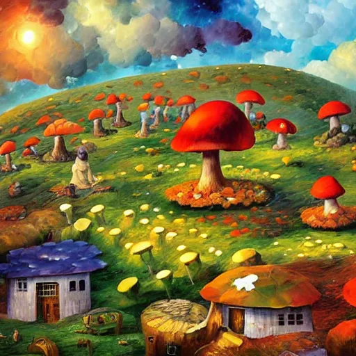 Prompt: mushroom village, art by james christensen, rob gonsalves, paul lehr, leonid afremov and tim white