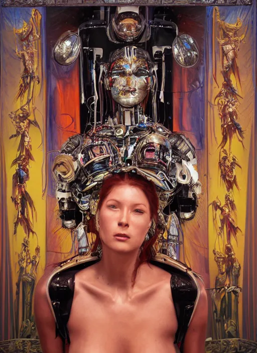 Prompt: Robotic beautiful shaman woman posing in front of an altar painted by Hajime Sorayama , robot, tarot, dramatic lighting