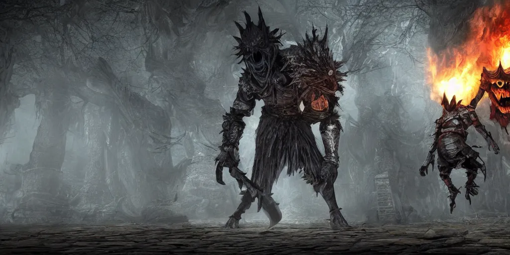 Image similar to minion as a darksouls boss, horror, hd, screenshot,