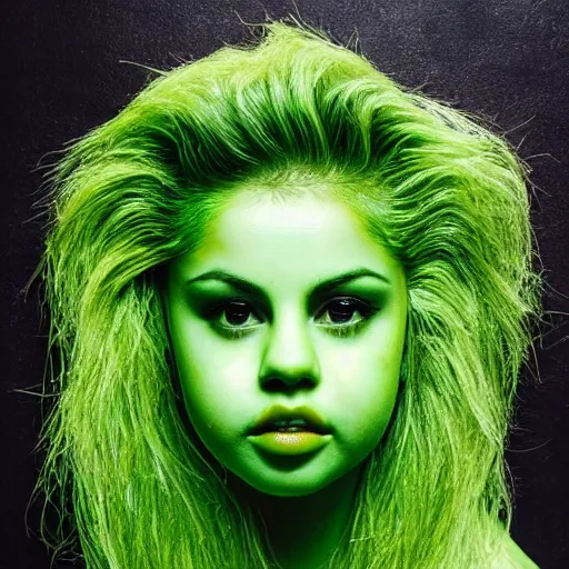 Image similar to selena gomez made out of celery, a human face with celery for hair, celery in the shape of a human face, a bunch of celery sitting on a cutting board, professional food photography, selena gomez wearing green face paint