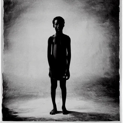 Image similar to a portrait a boy standing in front of a wax print fabric by sanele muholi and william kentridge and kara walker,