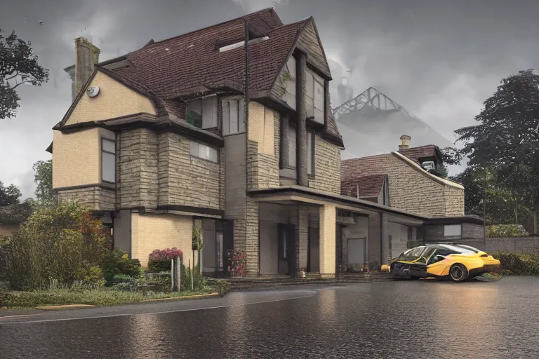 Prompt: cyberpunk, an estate agent listing photo, external view of a 5 bedroom detached city house in the UK, it's raining, car on the driveway, by Paul Lehr, highly detailed, photorealistic, unreal engine, 8k, anamorphic, cinestill cinematrography