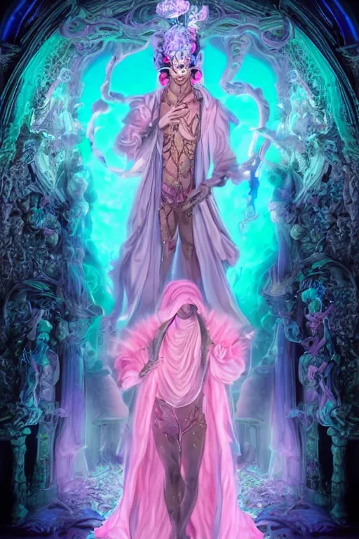 Prompt: full-body rococo and cyberpunk delicate neon crystalline sculpture of ((handsome muscular onyx albino prince Zayn Malik)) as an blue iridescent humanoid deity wearing ((peach plastic hooded cloak)) (holding a human skull) in a onyx castle dungeon, reclining, glowing pink face, crown of (pink lasers), large blue diamonds, swirling black silk fabric. futuristic elements. oozing glowing liquid, full-length view. space robots. intricate artwork by caravaggio. Trending on artstation, octane render, cinematic lighting from the right, hyper realism, octane render, 8k, depth of field, 3D