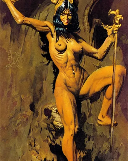 Prompt: tiger woman full body portrait in a palace of gold, by Frank Frazetta