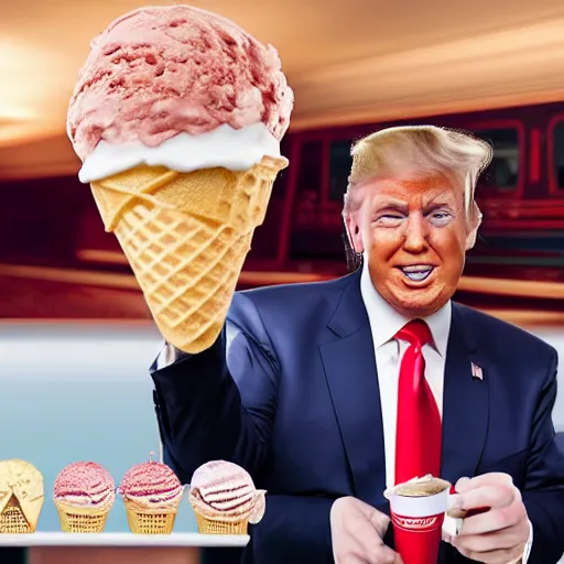 Image similar to Donald Trump eating a 99 flake ice cream, realistic artstyle, wide shot, dramatic lighting, octane render, hyperrealistic, high quality, highly detailed, HD, beautiful, cinematic, 8k, unreal engine, facial accuracy, symmetrical