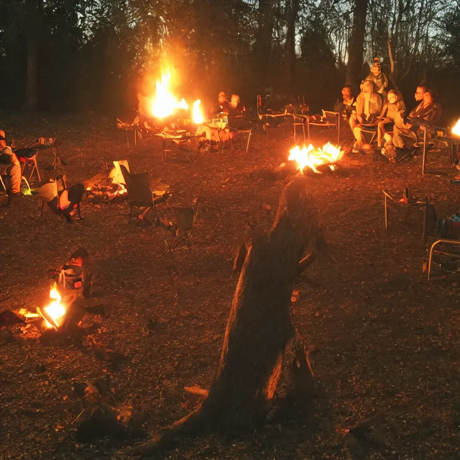 Image similar to a nice evening around the camp fire, friends are drinking and laughing, there is a monster behind the tree