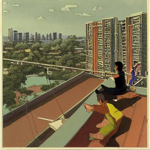 Image similar to art of two singapore students on the roof of a hdb flat, watching the neighbourhood, by moebius