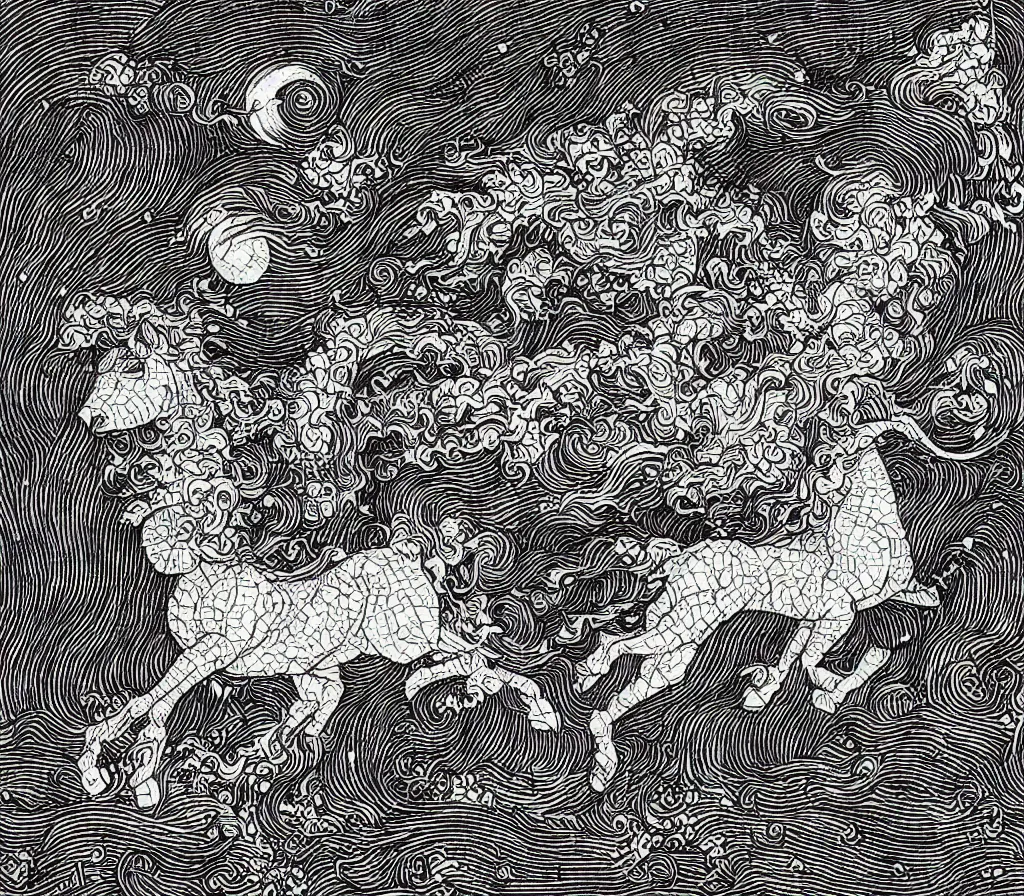 Prompt: Beautiful isometric print of a Beautiful Unicorn made out of geometric lego bricks in the darkness of outer space in the style of Albrecht Durer and Martin Schongauer and Hokusai, high contrast!! finely carved woodcut engraving black and white crisp edges