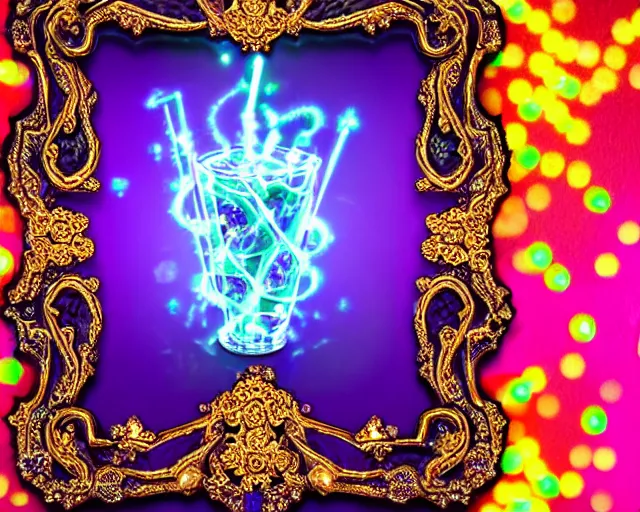 Prompt: baroque bedazzled gothic royalty frames surrounding a pixelsort energy drink made out of glowing ooze, candy worms, and mud.