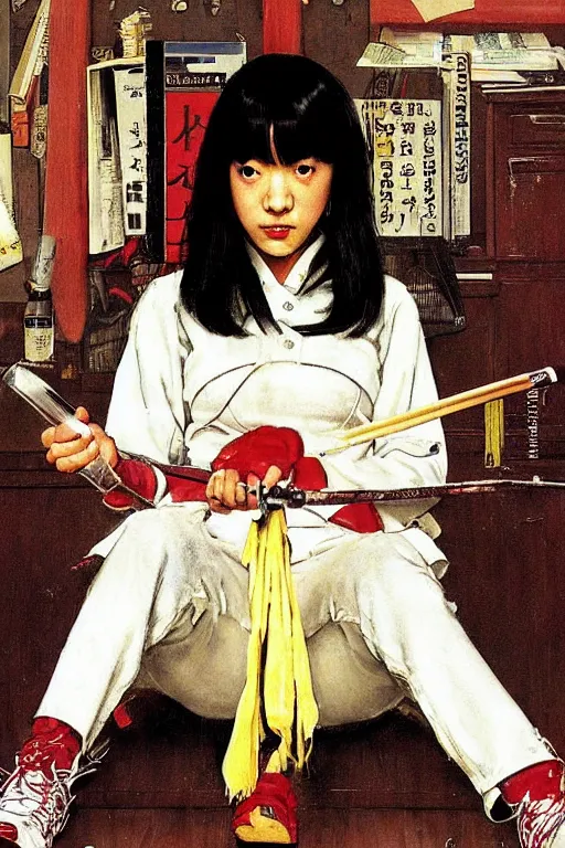 Image similar to Gogo Yubari from the movie Kill Bill painted by Norman Rockwell