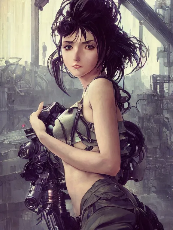 Image similar to full body picture of a biopunk powered suite girl looking at the camera, cynical, bored, being tired at war, beautiful and aesthetic, intricate, unreal engine, messy hair, highly detailed, detailed face, smooth, sharp focus, chiaroscuro, manga illustration, artgerm, greg rutkowski, alphonse mucha, young adult light novel cover art