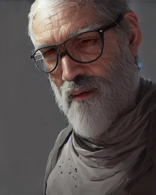 Image similar to a grey bearded man wearing a vr headset, shoreditch, real life skin, intricate, highly detailed, artstation, concept art, smooth, sharp focus, art by artgerm and greg rutkowski