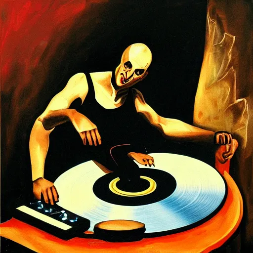 Image similar to painting of the devil as a dj with hand on record spinning