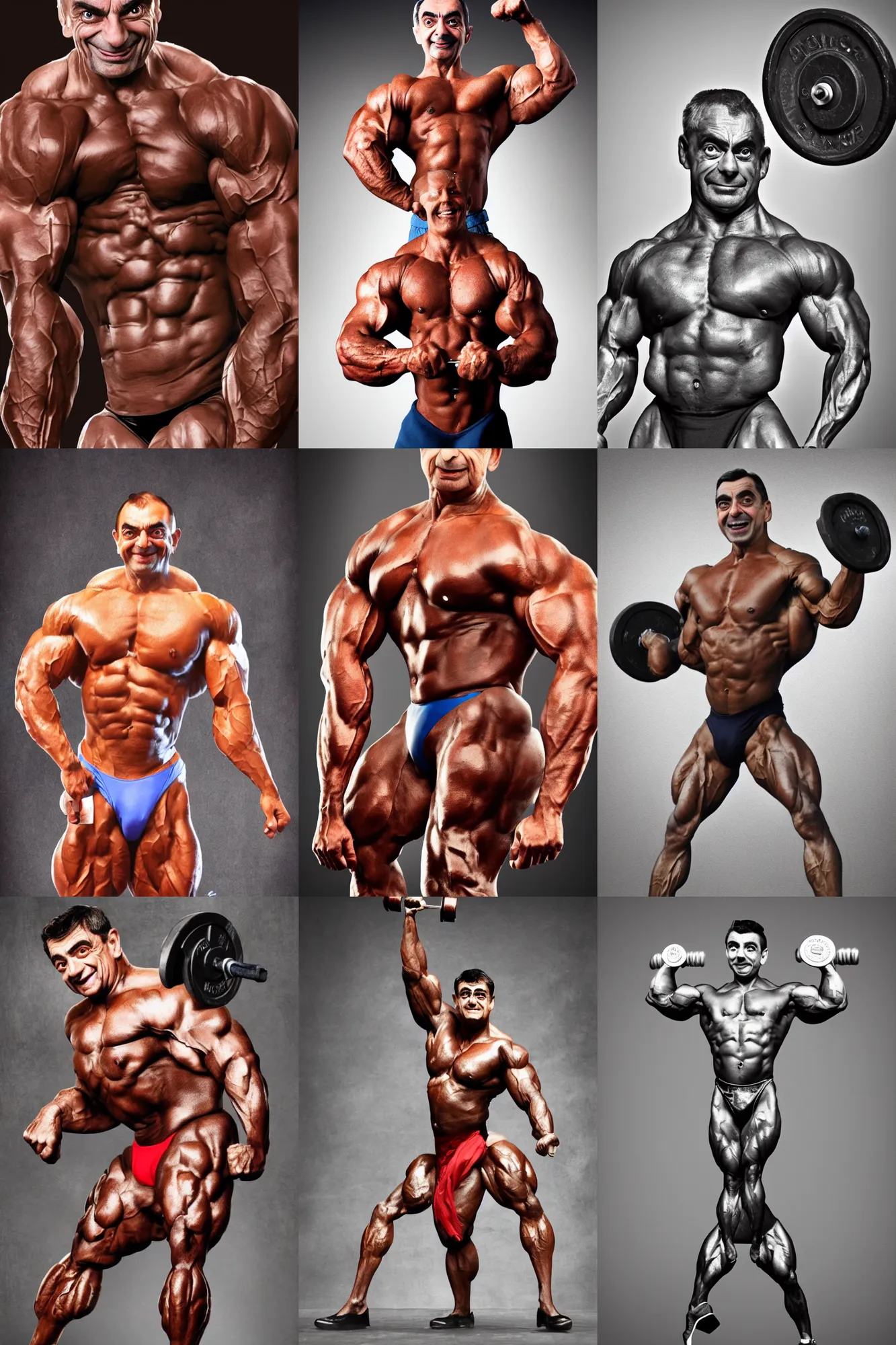 Prompt: a beautiful portrait of Mr. Bean as a bodybuilder in a bodybuilding competition, bodybuilder, hyper realistic, digital art, 4k, detailed