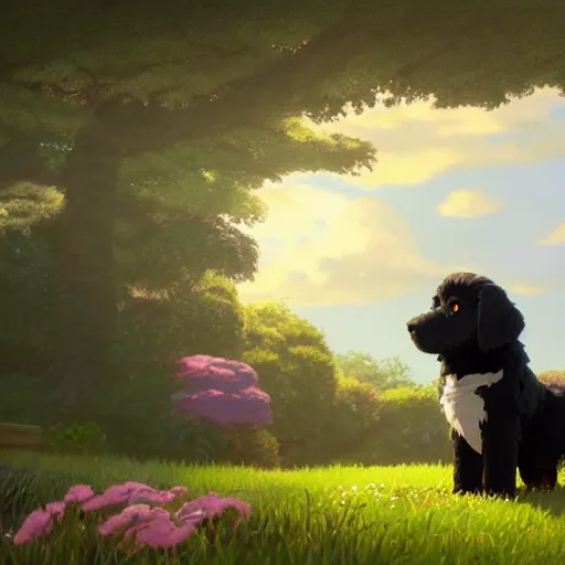 Prompt: a wholesome animation key shot of a black bernedoodle puppy, studio ghibli, pixar and disney illustration, sharp, rendered in unreal engine 5, anime key art by greg rutkowski, bloom, dramatic lighting