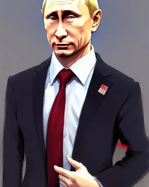 Image similar to portrait Anime guy as Putin. fine-face, pretty face, realistic shaded Perfect face, fine details. Anime. realistic shaded lighting by Ilya Kuvshinov WLOP Michael Garmash and Rob Rey in official suit