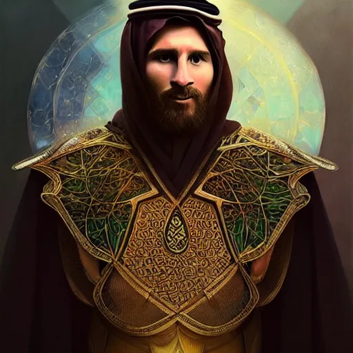 Image similar to lionel messi wearing emarati kandora, d & d, fantasy, intricate, elegant, highly detailed, digital painting, artstation, concept art, matte, sharp focus, illustration, art by artgerm and greg rutkowski and alphonse mucha