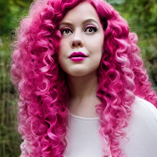 Image similar to a photograph of rose quartz from steven universe, portrait photography, 85mm, iso 400, focus mode ,a kind expression, detailed portrait, gigantic pink ringlets, huge curly pink hair, tight gigantic pink curls, warm features, plus size, white dress, gorgeous, kind features, beautiful woman, flattering photo, daylight