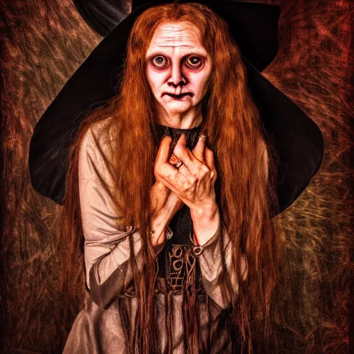 Image similar to portrait of a cursed photograph of a disturbing witch, horror, award winning photography, hdr, studio lighting medium close shot, mucha style,