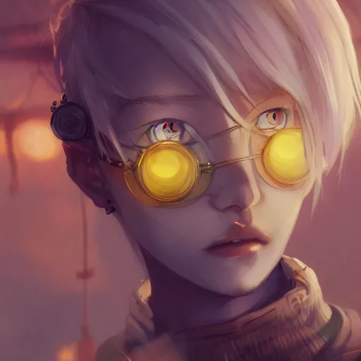 Image similar to a girl with dark skin, yellow eyes, short white hair, wearing steampunk attire, highly detailed, digital painting, artstation, matte, by makoto shinkai, animation style