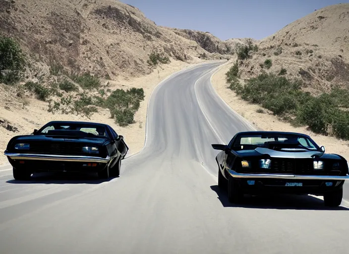 Image similar to retro picture of a black camaro mach 1, chased by a white police car on a dusty road, sunny day