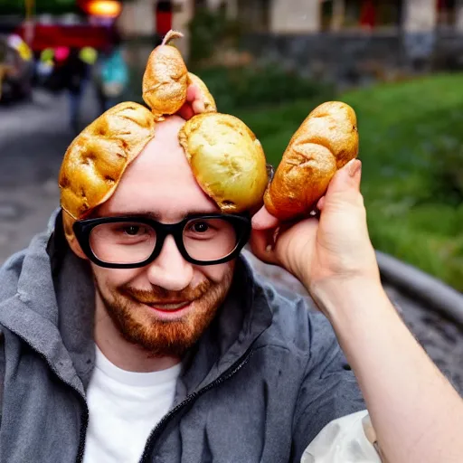 Prompt: a jacket potato with glasses on his head