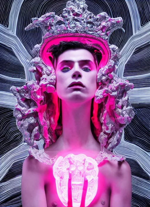 Image similar to photo of baroque and bladerunner delicate neon ruby sculpture of seductive ceramic albino king adrien sahores space pink iridescent humanoid deity wearing black fluffy hoody holding diamond skull in a black metallic dungeon, reclining, glowing rainbow face, crown of white diamonds, cinematic lighting, photorealistic, octane render 8 k depth of field 3 d