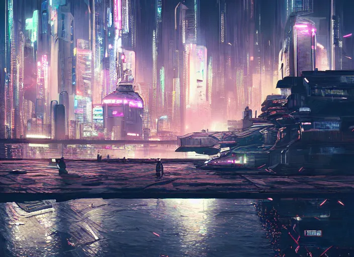 Image similar to cyberpunk city on a floating island at night by wlop, key visual, high detail, digital art