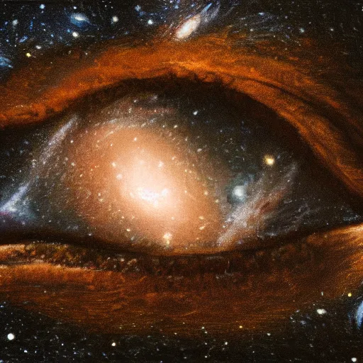 Image similar to a highly detailed photorealistic painting of the milky way galaxy reflecting off a human eye