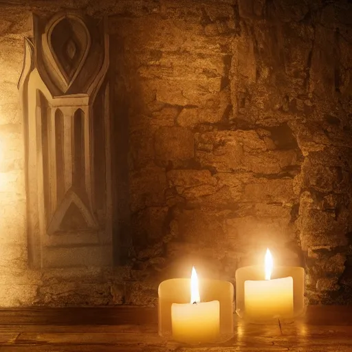 Prompt: kinghts templar in a medieval castle, diffused light candles, mystical