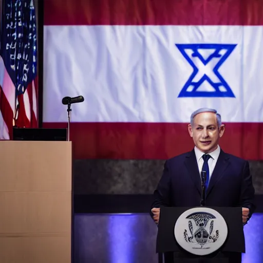 Image similar to photograph of Benjamin Netanyahu giving a speech with a podium in front of him, suited men with medical masks standing behind him, cinematic lighting, official media, HQ, 4K, news photography