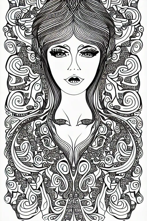 Prompt: portrait of beautiful women ornate luxury fractal ink drawing line art colouring page, vector, colorful, margins, fine lines, centered
