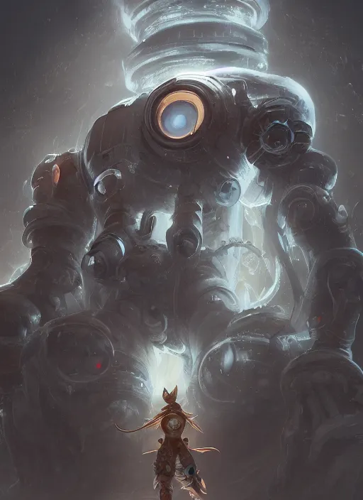 Prompt: a highly detailed illustration of worn down colossal silver mechanical giant, with big glowing iron giant eyes, gentle calm doting pose, intricate, elegant, highly detailed, centered, digital painting, artstation, concept art, smooth, sharp focus, league of legends concept art, WLOP