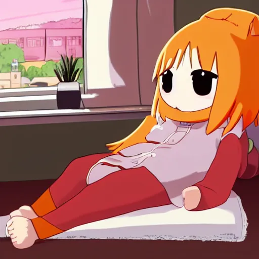 Image similar to Himouto! Umaru-chan anime girl sitting up in bed waking up and stretching adorable cute