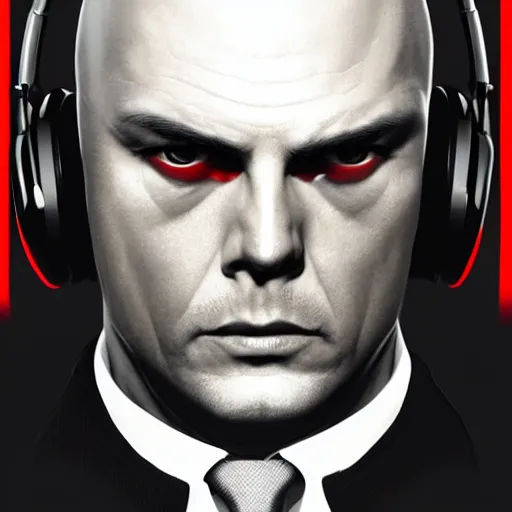 Image similar to a portrait of agent 4 7 from hitman wearing headphones, black background, red rim light, highly detailed, smooth, sharp focus, art by maciej kuciara