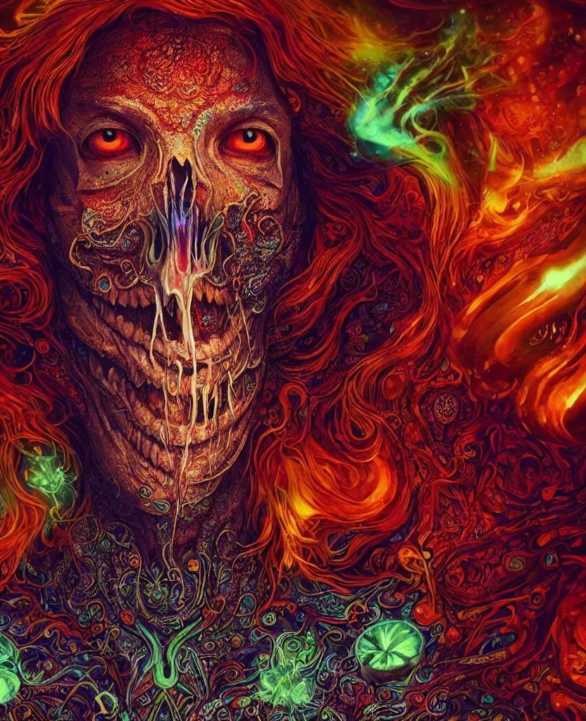 Image similar to psychedelic shaman close-up portrait. amanita muscaria phoenix head, nautilus, insect, skull, ice and fire, bioluminiscent creatures, intricate artwork by Tooth Wu and wlop and beeple. octane render, trending on artstation, greg rutkowski very coherent symmetrical artwork. cinematic, hyper realism, high detail, octane render, 8k