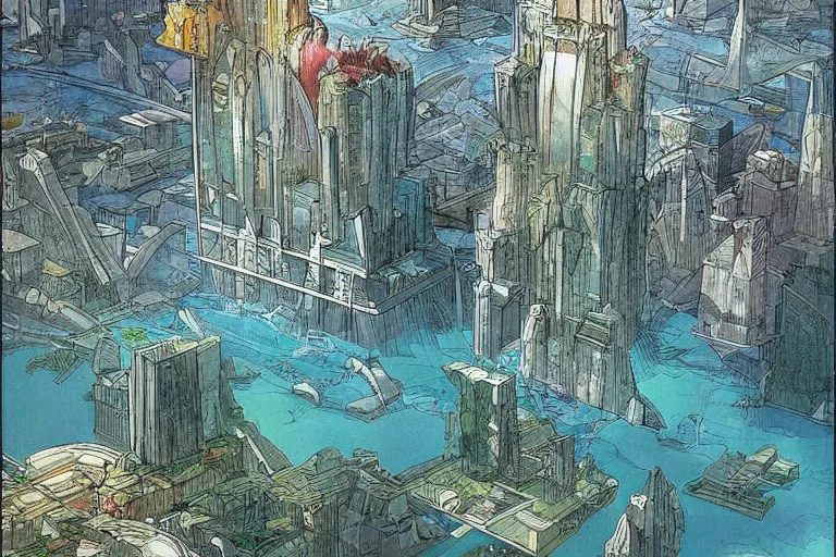 Prompt: a metropolis built on a island floating above the sea in the sky, waterfalls fall from the island into the sea, by moebius, colorful, highly - detailed, concept art